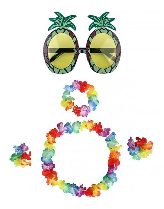 Renkli Ananas Gözlük, Taç, Kolye Ve Bileklik Seti