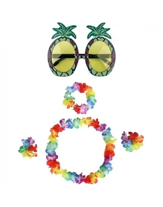 Renkli Ananas Gözlük, Taç, Kolye ve Bileklik Seti