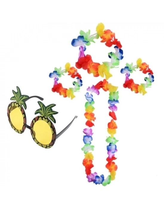 Renkli Ananas Gözlük, Taç, Kolye ve Bileklik Seti