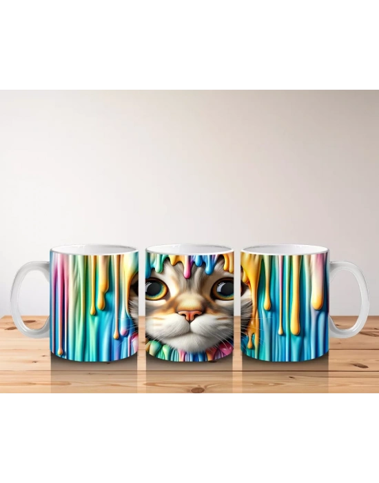Renkli Arka Planda Büyük Gözlü Sevimli Kedi – Baskılı Kahve Kupası