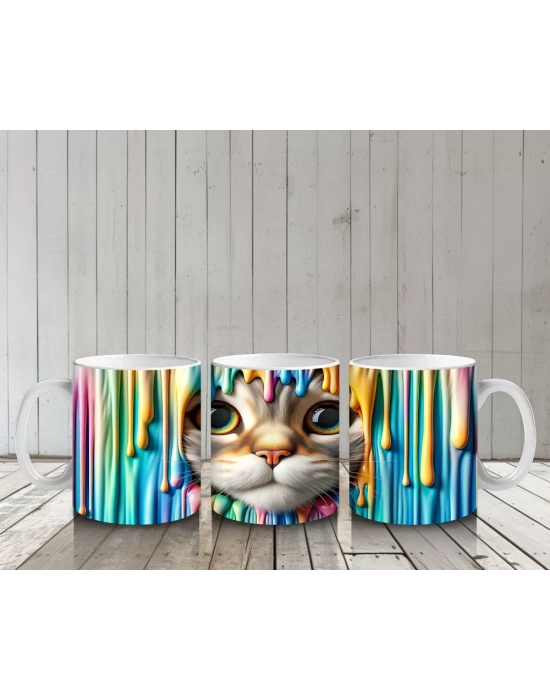 Renkli Arka Planda Büyük Gözlü Sevimli Kedi – Baskılı Kahve Kupası