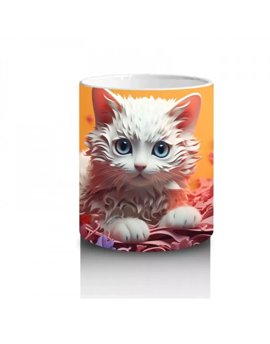 Renkli Arka Planda Tüylü Beyaz Kedi – Baskılı Kahve Kupası