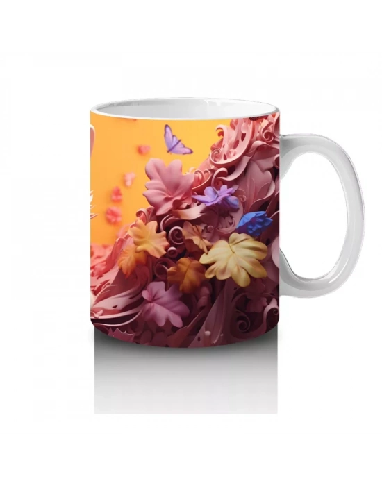 Renkli Arka Planda Tüylü Beyaz Kedi – Baskılı Kahve Kupası