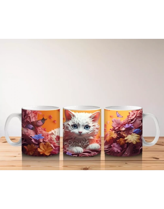 Renkli Arka Planda Tüylü Beyaz Kedi – Baskılı Kahve Kupası