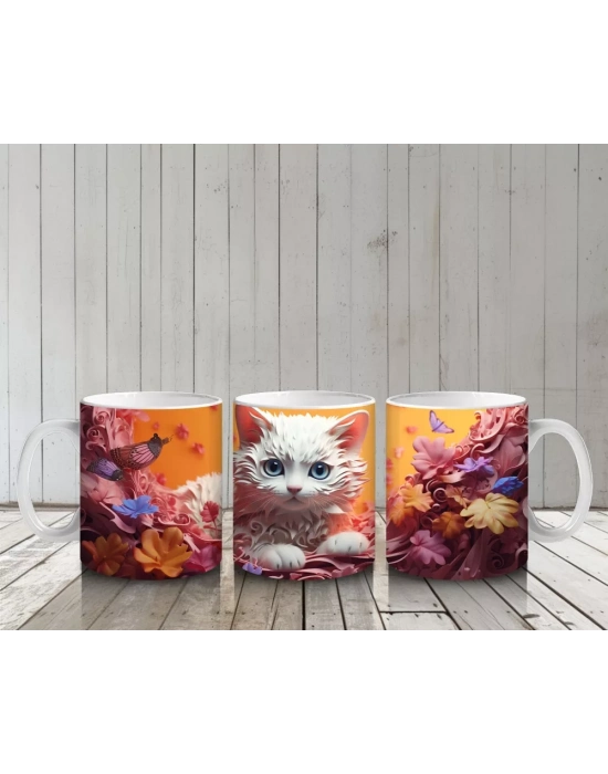 Renkli Arka Planda Tüylü Beyaz Kedi – Baskılı Kahve Kupası