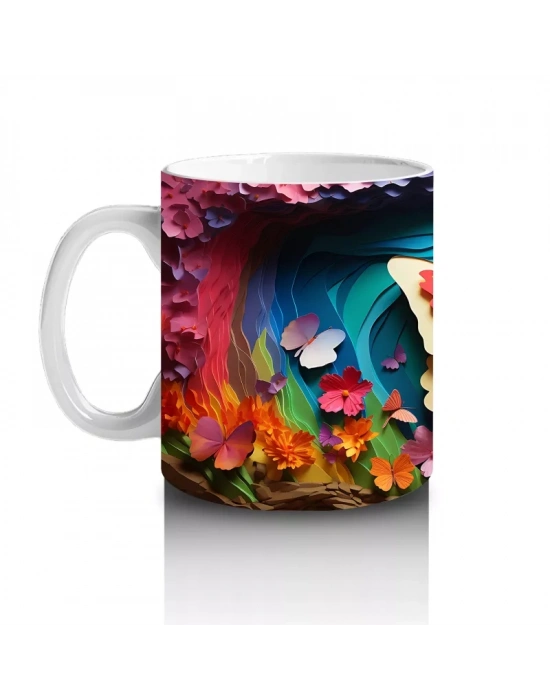 Renkli Bahar Çiçekleri Arasında Turuncu Kelebek – Baskılı Kahve Kupası