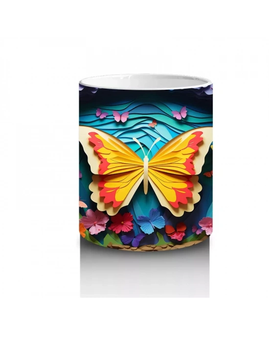 Renkli Bahar Çiçekleri Arasında Turuncu Kelebek – Baskılı Kahve Kupası