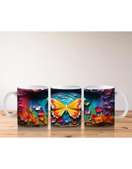 Renkli Bahar Çiçekleri Arasında Turuncu Kelebek – Baskılı Kahve Kupası