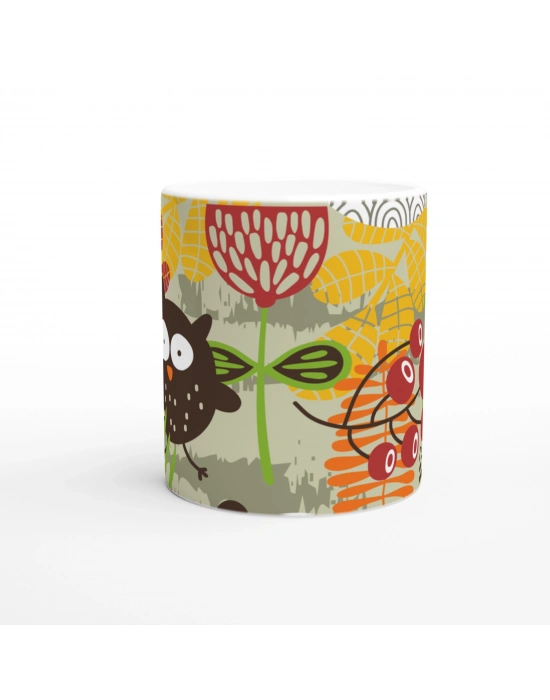 Renkli Baykuş ve Yaprak Desenli Kupa Bardak