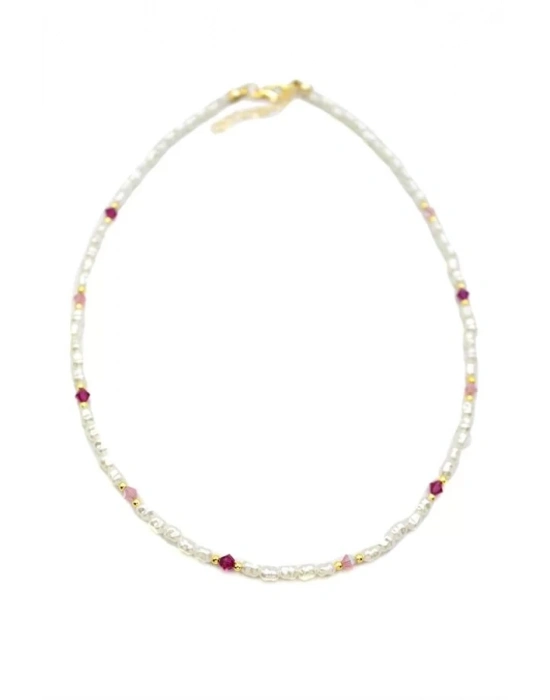 Renkli Boncuklu İnci Kolye - Fuşya