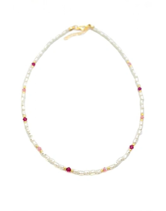 Renkli Boncuklu İnci Kolye - Fuşya