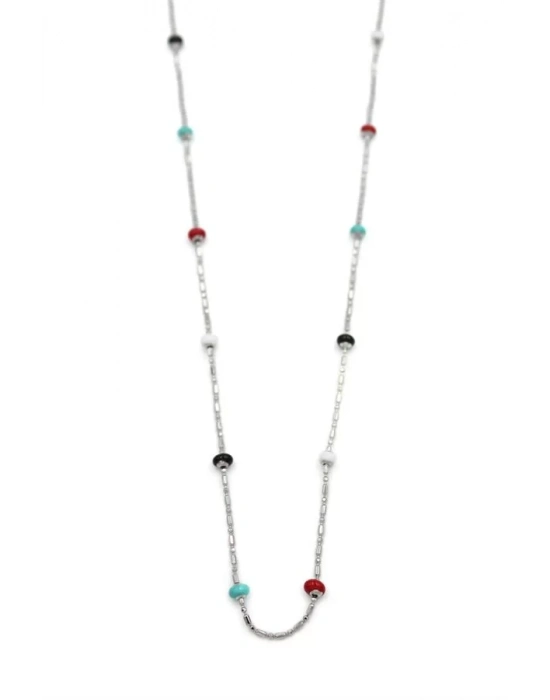 Renkli Boncuklu Zincir Kolye - Gümüş
