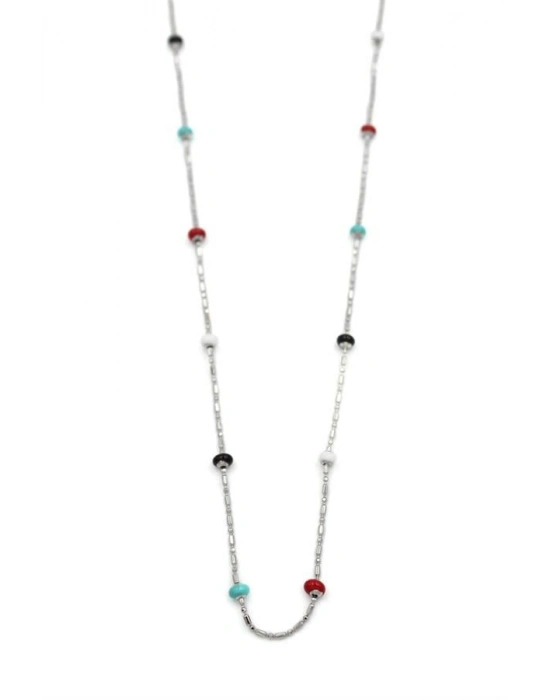 Renkli Boncuklu Zincir Kolye - Gümüş