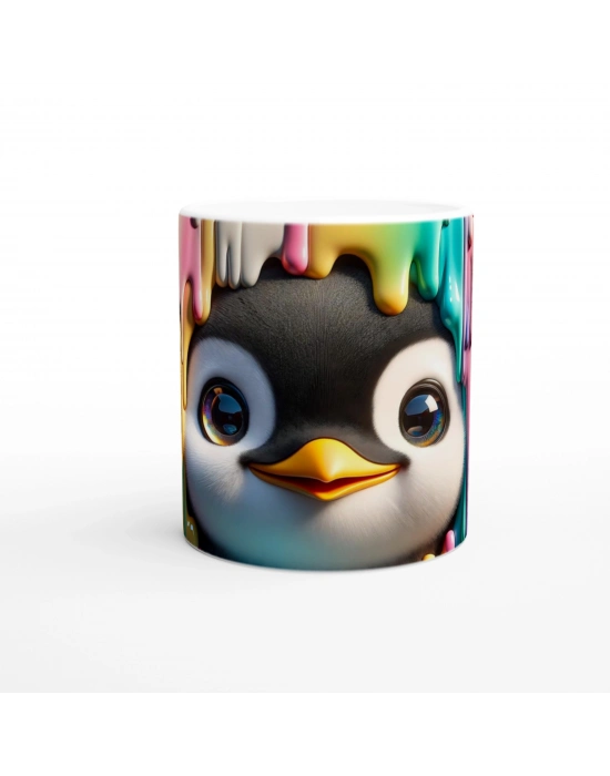 Renkli Boyalar Arasından Bakan Penguen Temalı Baskılı Kupa Bardak