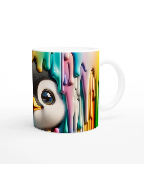 Renkli Boyalar Arasından Bakan Penguen Temalı Baskılı Kupa Bardak