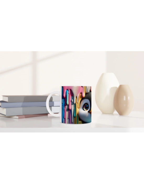 Renkli Boyalar Arasından Bakan Penguen Temalı Baskılı Kupa Bardak