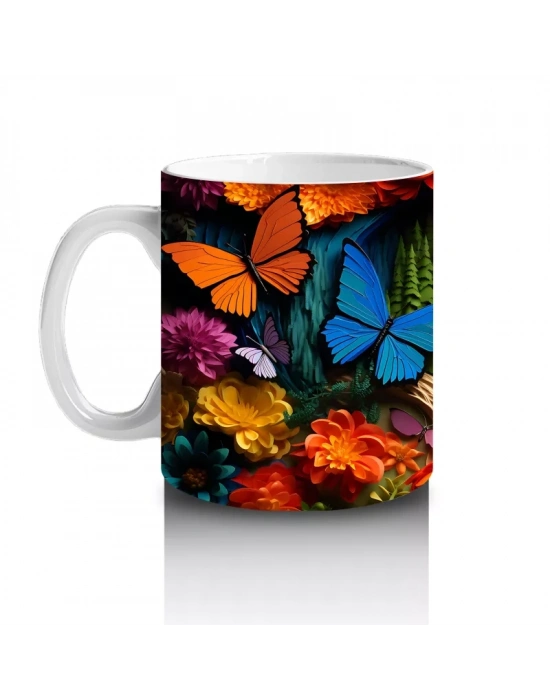 Renkli Cam Mozaik Desenli Mavi ve Turuncu Kelebekler – Baskılı Kahve Kupası