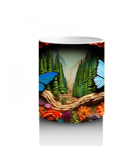 Renkli Cam Mozaik Desenli Mavi ve Turuncu Kelebekler – Baskılı Kahve Kupası