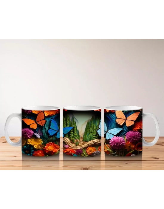 Renkli Cam Mozaik Desenli Mavi ve Turuncu Kelebekler – Baskılı Kahve Kupası