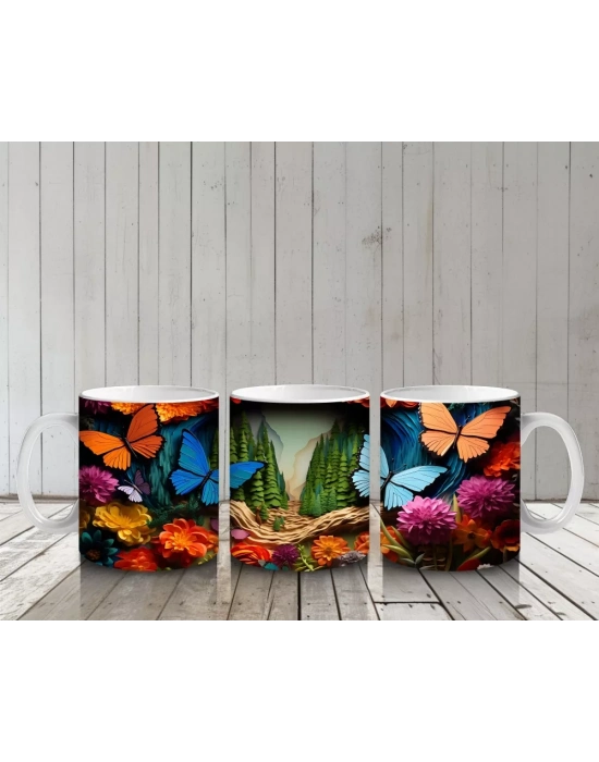 Renkli Cam Mozaik Desenli Mavi ve Turuncu Kelebekler – Baskılı Kahve Kupası