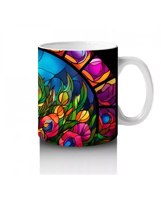 Renkli Cam Vitray Stilde Tavus Kuşu – Baskılı Kahve Kupası