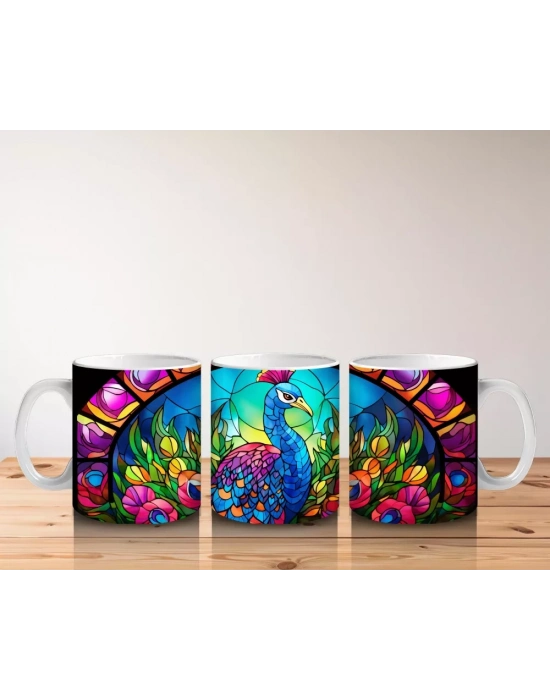 Renkli Cam Vitray Stilde Tavus Kuşu – Baskılı Kahve Kupası