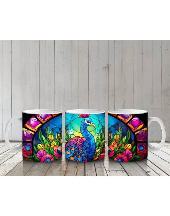 Renkli Cam Vitray Stilde Tavus Kuşu – Baskılı Kahve Kupası