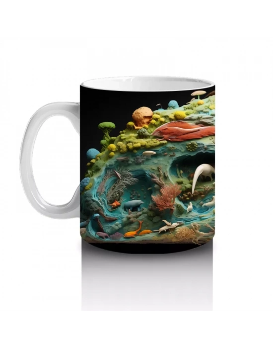 Renkli Canlılarla Dolu Fütüristik Doğa Manzarası - Baskılı kahve kupası
