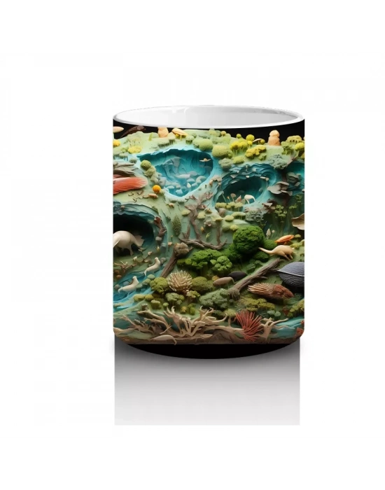 Renkli Canlılarla Dolu Fütüristik Doğa Manzarası - Baskılı kahve kupası