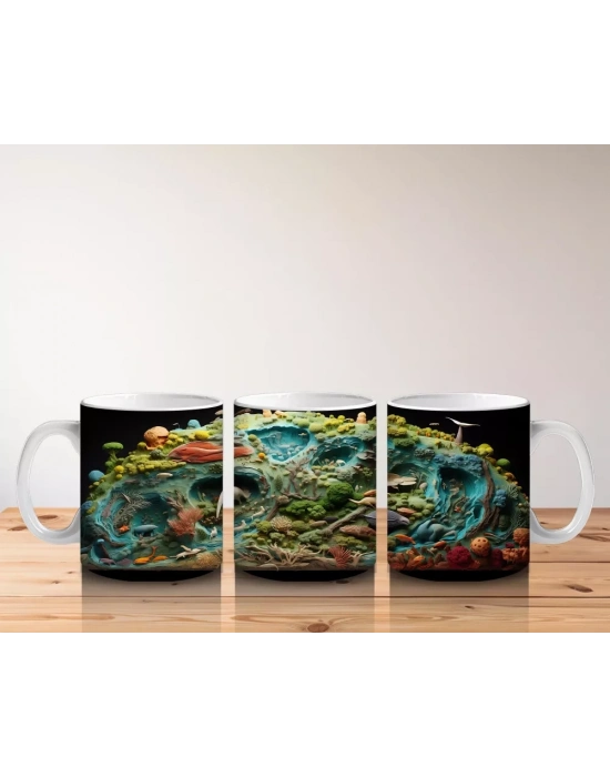 Renkli Canlılarla Dolu Fütüristik Doğa Manzarası - Baskılı kahve kupası
