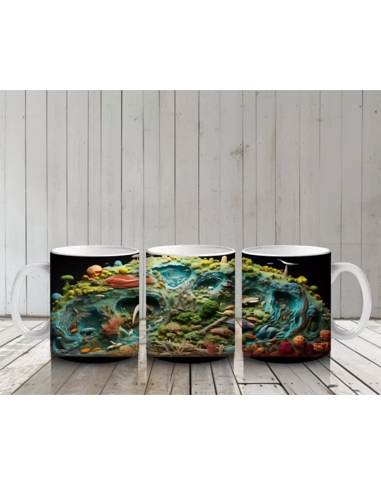 Renkli Canlılarla Dolu Fütüristik Doğa Manzarası - Baskılı kahve kupası