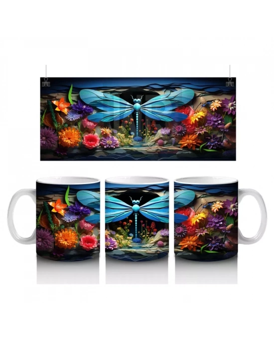 Renkli Çiçek Bahçesinde Çift Mavi Yusufçuk – Baskılı Kahve Kupası