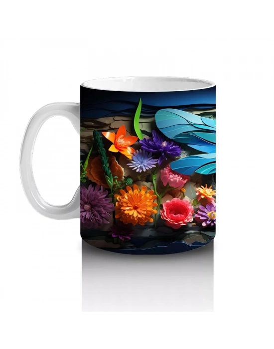 Renkli Çiçek Bahçesinde Çift Mavi Yusufçuk – Baskılı Kahve Kupası