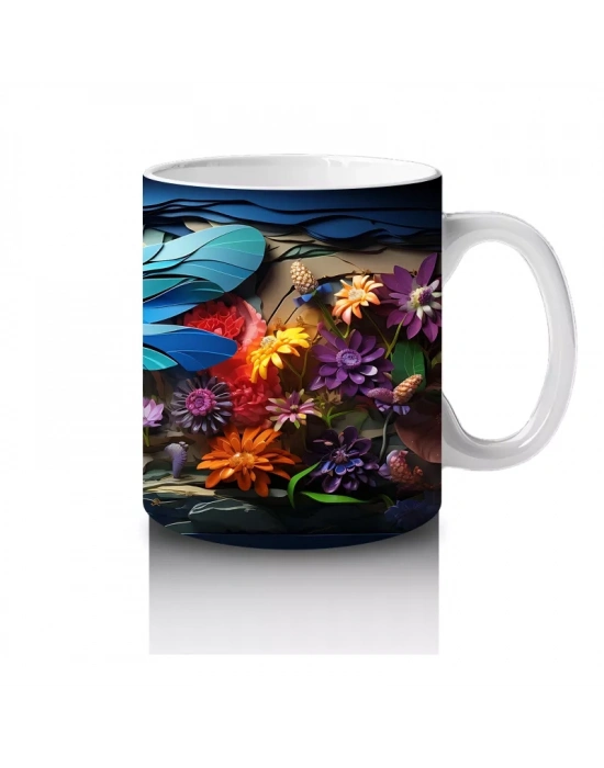 Renkli Çiçek Bahçesinde Çift Mavi Yusufçuk – Baskılı Kahve Kupası