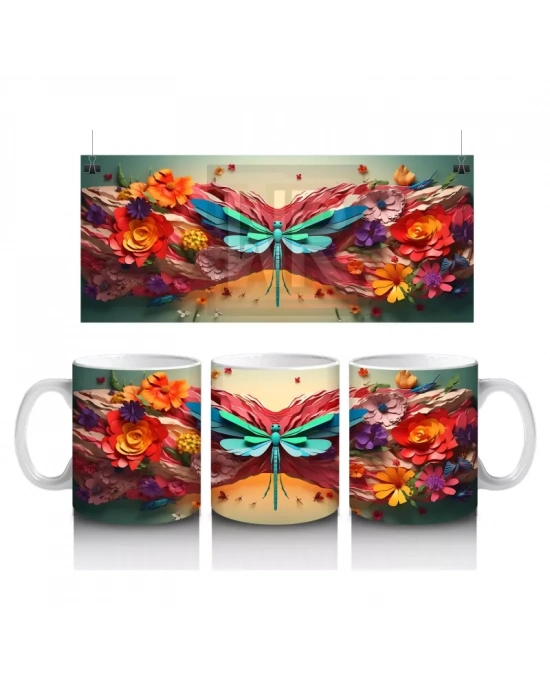 Renkli Çiçek Bahçesinde Parlayan Pembe Kanatlı Yusufçuk - Baskılı kahve kupası