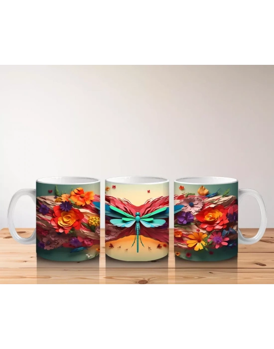 Renkli Çiçek Bahçesinde Parlayan Pembe Kanatlı Yusufçuk - Baskılı kahve kupası