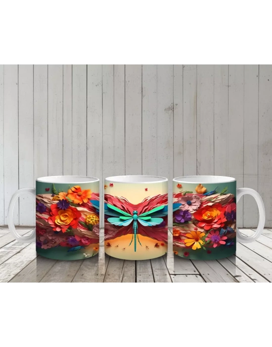 Renkli Çiçek Bahçesinde Parlayan Pembe Kanatlı Yusufçuk - Baskılı kahve kupası