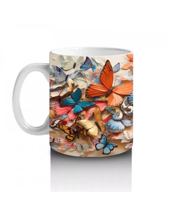 Renkli Çiçek Bahçesinde Uçan Kelebekler – Baskılı Kahve Kupası