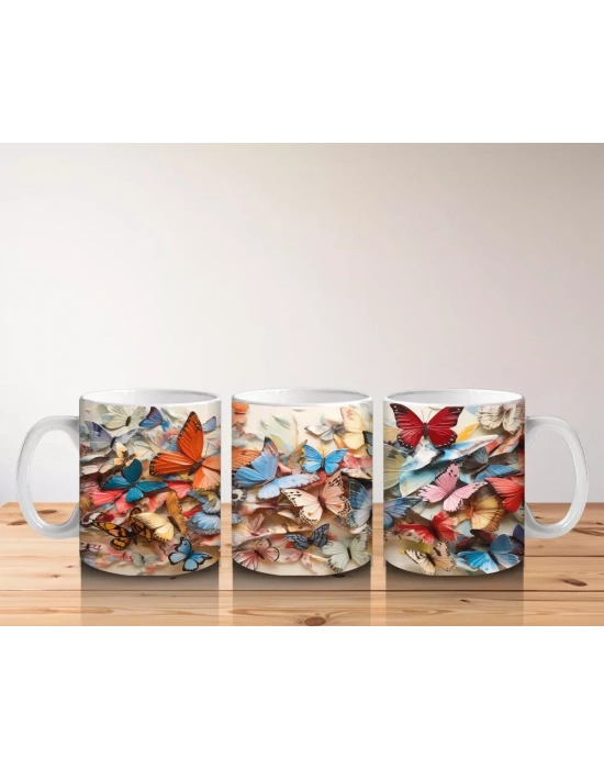 Renkli Çiçek Bahçesinde Uçan Kelebekler – Baskılı Kahve Kupası