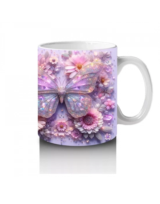 Renkli Çiçek Desenli Arka Planda Mor Kelebek Çifti - Baskılı kahve kupası