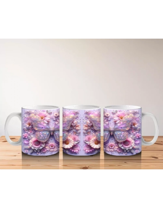 Renkli Çiçek Desenli Arka Planda Mor Kelebek Çifti - Baskılı kahve kupası