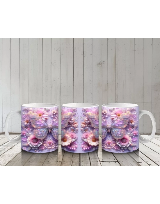 Renkli Çiçek Desenli Arka Planda Mor Kelebek Çifti - Baskılı kahve kupası