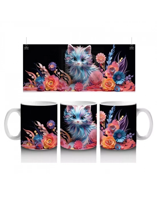 Renkli Çiçekler Arasında Büyüleyici Kedi – Baskılı Kahve Kupası