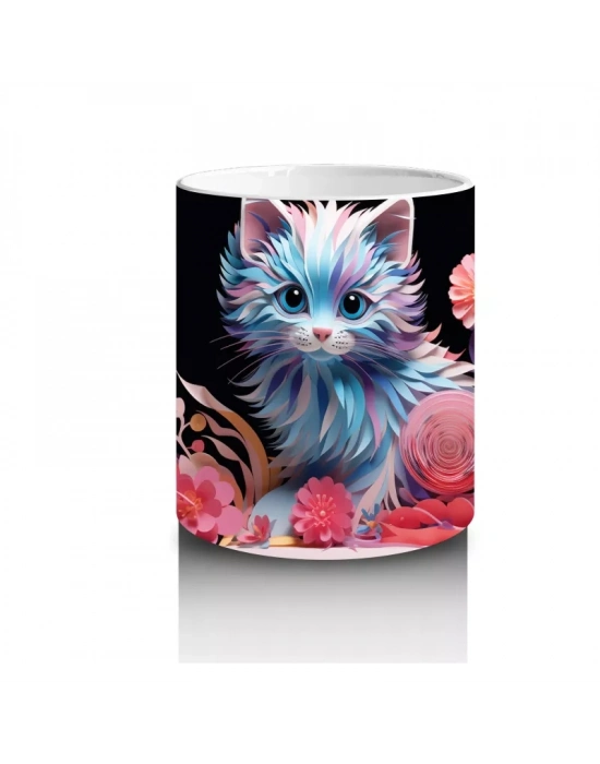 Renkli Çiçekler Arasında Büyüleyici Kedi – Baskılı Kahve Kupası