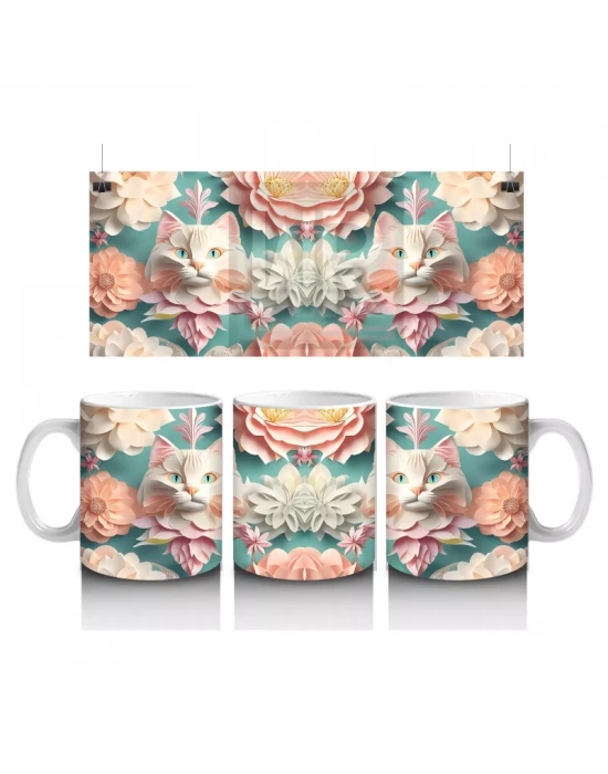 Renkli Çiçekler Arasında İkili Kedi Figürü – Baskılı Kupa
