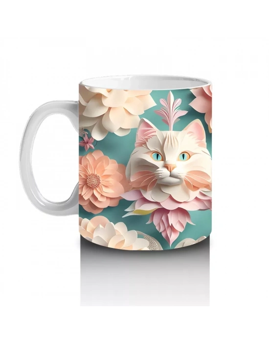 Renkli Çiçekler Arasında İkili Kedi Figürü – Baskılı Kupa