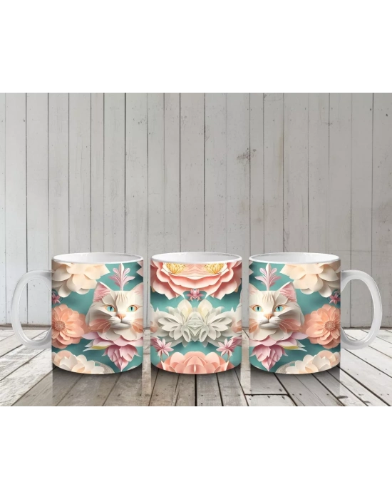 Renkli Çiçekler Arasında İkili Kedi Figürü – Baskılı Kupa