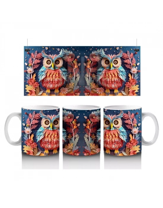 Renkli Çiçekler Arasında İkiz Baykuşlar – Baskılı Kahve Kupası