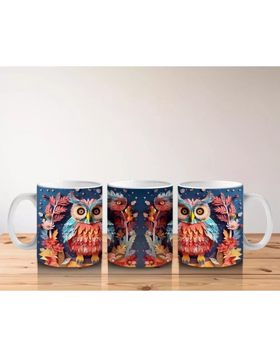 Renkli Çiçekler Arasında İkiz Baykuşlar – Baskılı Kahve Kupası