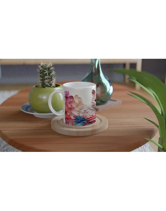 Renkli Çiçekler Arasında Meraklı Kedi Temalı Baskılı Kupa Bardak